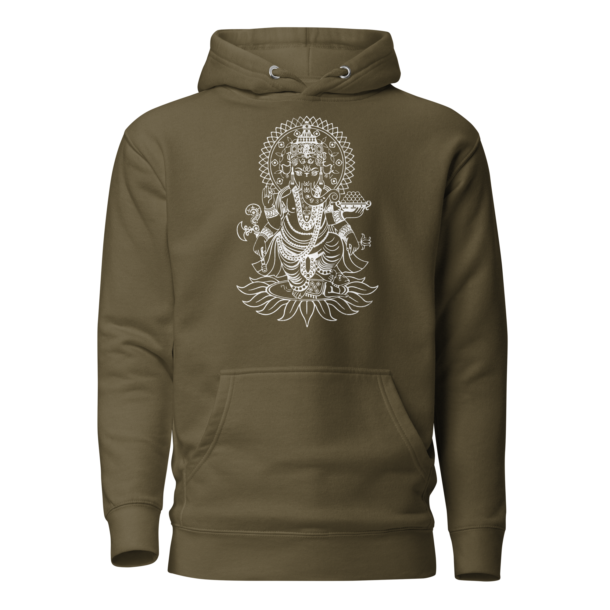 cotton-heritage-m2580-i-unisex-premium-pullover-hoodie-military-green-front-68c2f4bac247c.png Ganesh- White Print- Unisex Hoodie - Image 1
