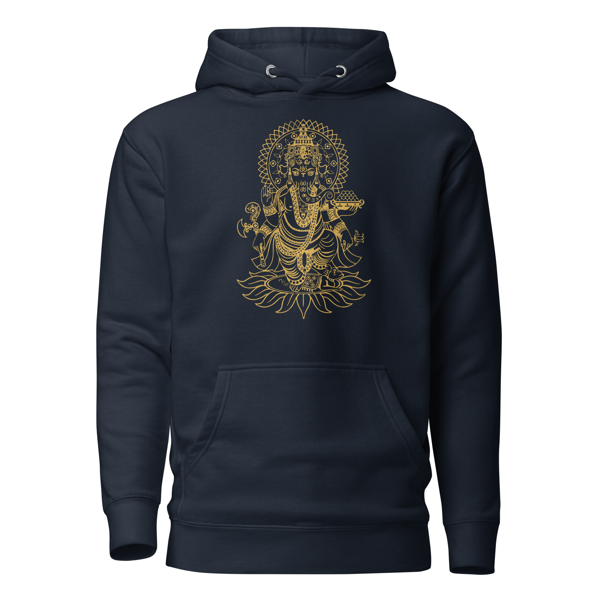 cotton-heritage-m2580-i-unisex-premium-pullover-hoodie-navy-blazer-front-68c2cc3f7c287-2.png Ganesh- Gold Print- Unisex Hoodie - Image 1