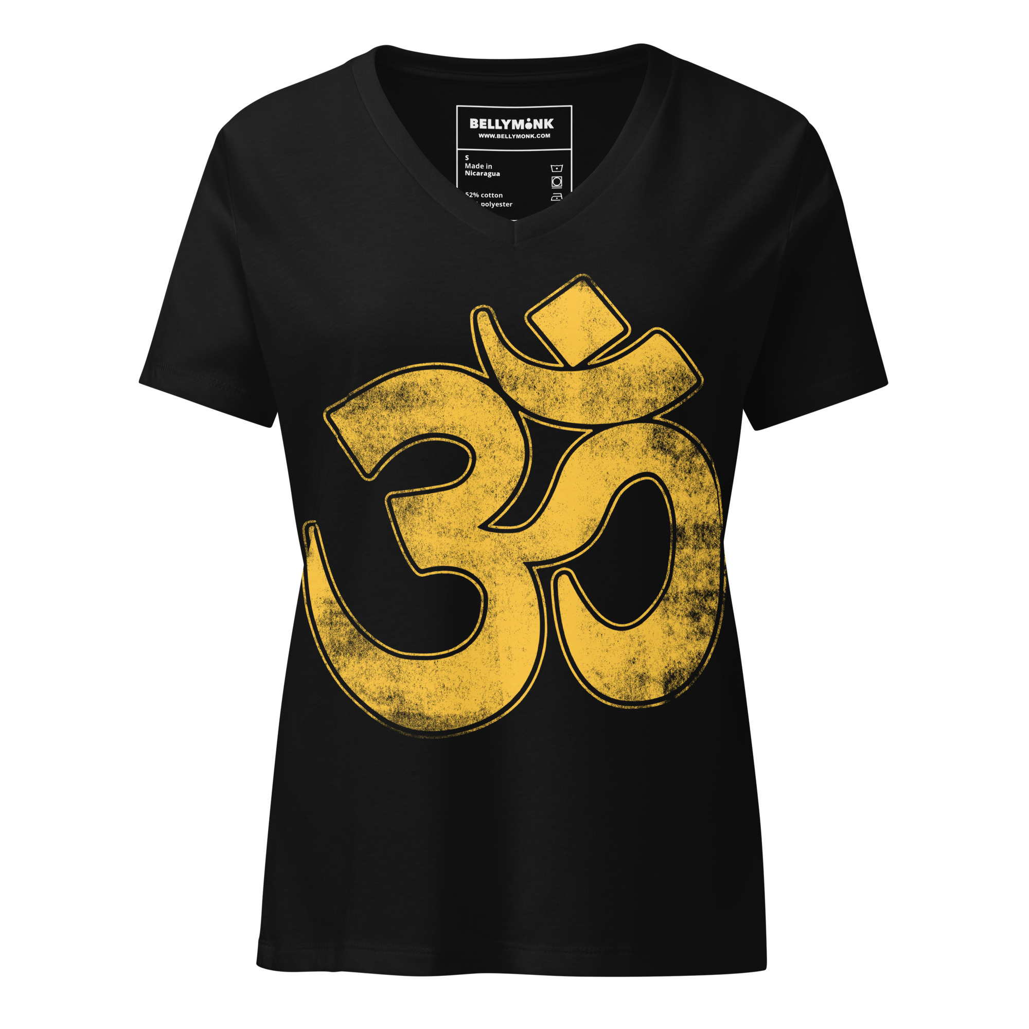 womens-relaxed-v-neck-t-shirt-solid-black-blend-front-68c46c7d90174.jpg Om- Gold Print- Women’s relaxed v-neck t-shirt - Image 1
